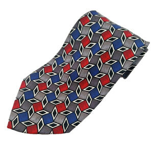 Geoffery Beene Blue-Red-Gray Geometric Silk Necktie - Like New